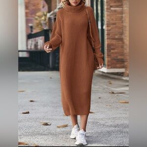 Orange Knit Turtleneck Dress